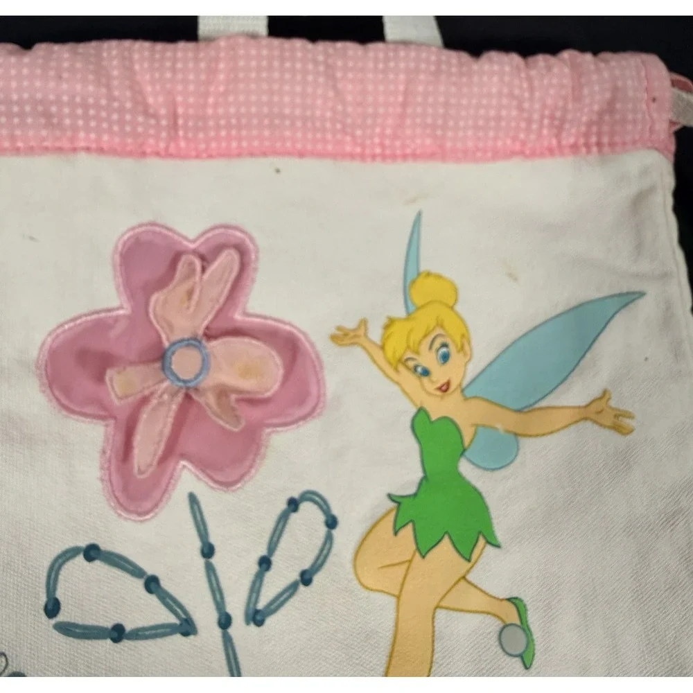 Disney Tinker Bell Drawstring Backpack Kids White Pink Embroidered Canvas
